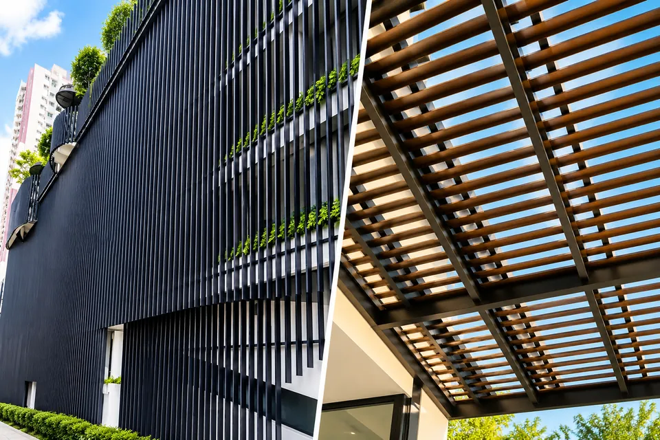 Building with aluminium louvre screens and a wood grain pergola