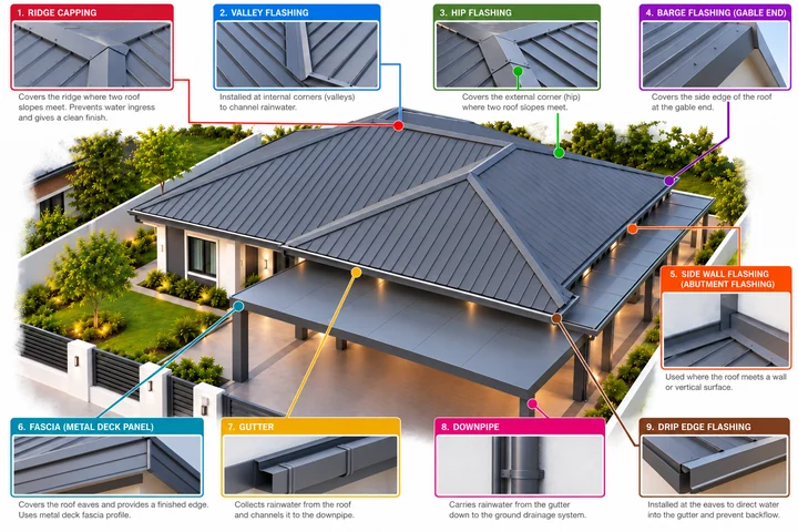 Where roofing accessories go: ridge capping, valley and hip flashing, barge flashing, wall flashing, gutter and downpipe