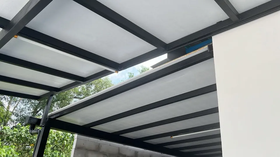 Underside of an insulated metal deck roof