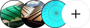 Three project photos: a green polycarbonate canopy, a metal roof and a dome skylight